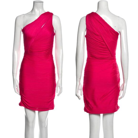 Halston Heritage Hot Pink One Shoulder Cut Out Ruched Bodycon Mini Dress - Picture 1 of 10
